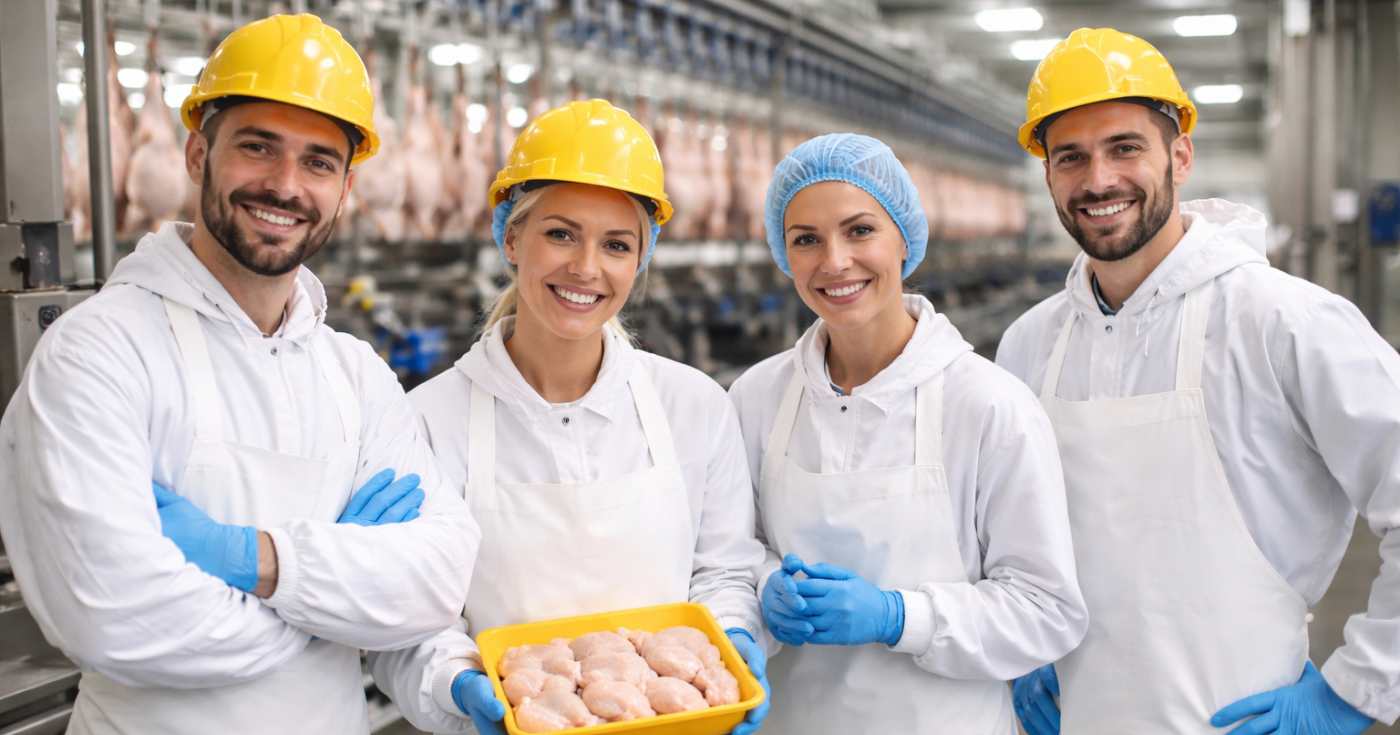 Operai di produzione in uno stabilimento alimentare avicolo (repertorio)