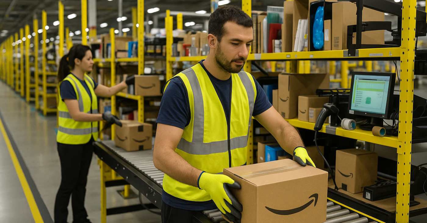Due magazzinieri Amazon al lavoro (repertorio)