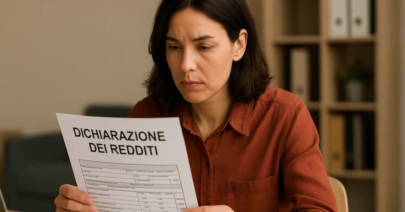 Una lavoratrice legge la sua dichiarazione dei redditi (repertorio)