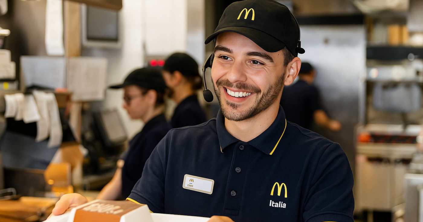Un addetto alla ristorazione al lavoro in un ristorante McDonald's in Italia (repertorio)