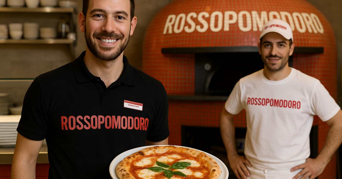 Un pizzaiolo e cameriere in un locale Rossopomodoro (repertorio)